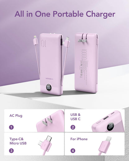 VEGER Portable Charger for iPhone Built in Cables and Wall Plug, 10000mah Slim Fast Charging USB C Power Bank, Travel Essential Battery Pack Compatible with iPhones, iPad, Samsung More Devices(Pink)