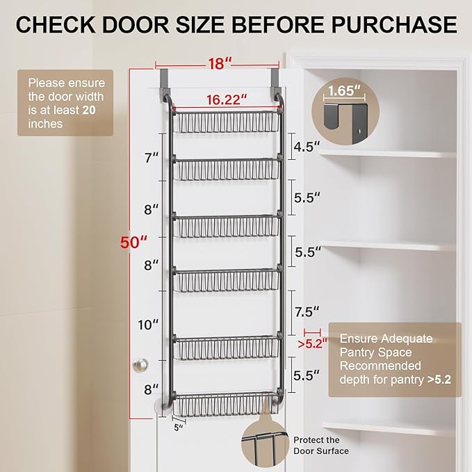 Delamu Over the Door Pantry Organizer, 6-Tier Metal Pantry Door Organization