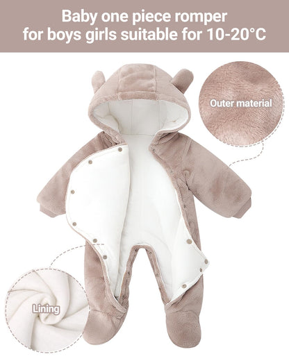 Baby Winter Hooded Romper Fleece Snowsuit Jumpsuit Cartoon Cat Outfits Coffee, Brown, 3 - 6 Months