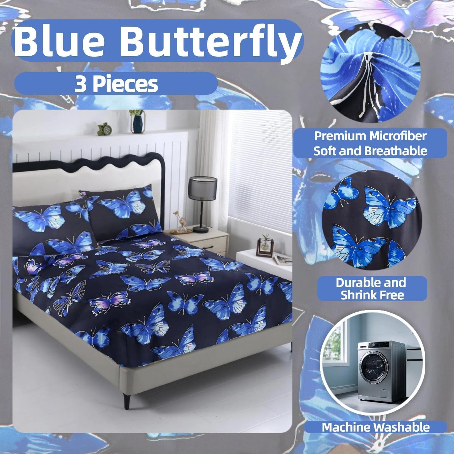 SDIII Blue Butterfly Twin Fitted Sheet with 2 Pillowcases, Deep Pocket Soft Microfiber Butterfly Sheet Twin Size for Girls Boys Kids and Teens