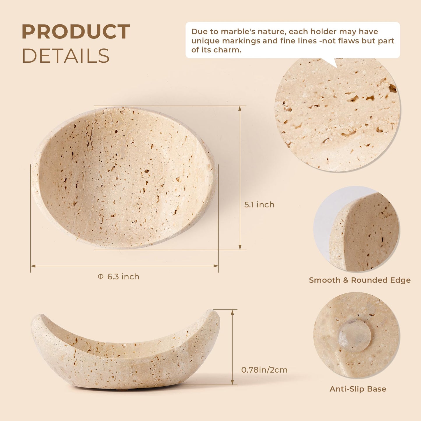 WORHE Candle Holders Italy Premium Natural Travertine Stone Candlestick Holder for Jar Pillar Candles Boat-Shaped Marble Jewelry Tray Centerpiece for Wedding Dining Table Home Decor Beige (WH093)