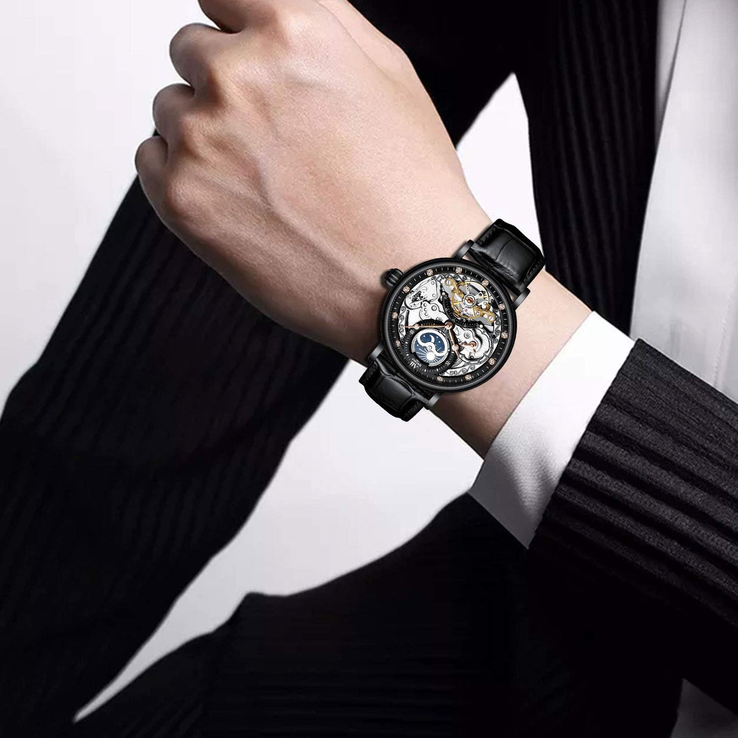 IK COLOURING Mens Luxury Skeleton Automatic Mechanical Wrist Watches Leather Moon Phrase Luminous Hands Self-Wind Watch