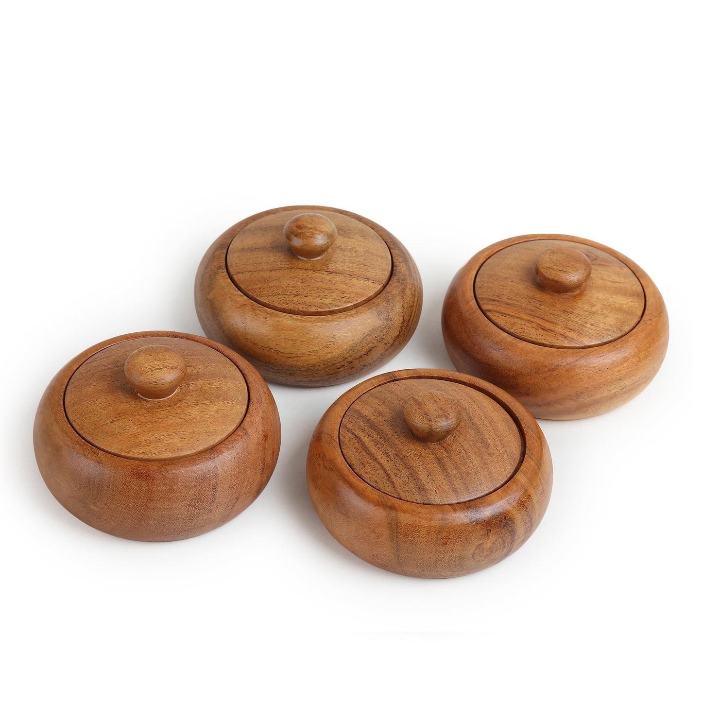 LAVAUX DESIGNS Acacia wood Set of 4 bowls with lid, 3.5X2 inches (3 oz), Rustic looking wood salt containers can also be used as spice box, storage for condiments, sugar, tea, celtic salt or nuts