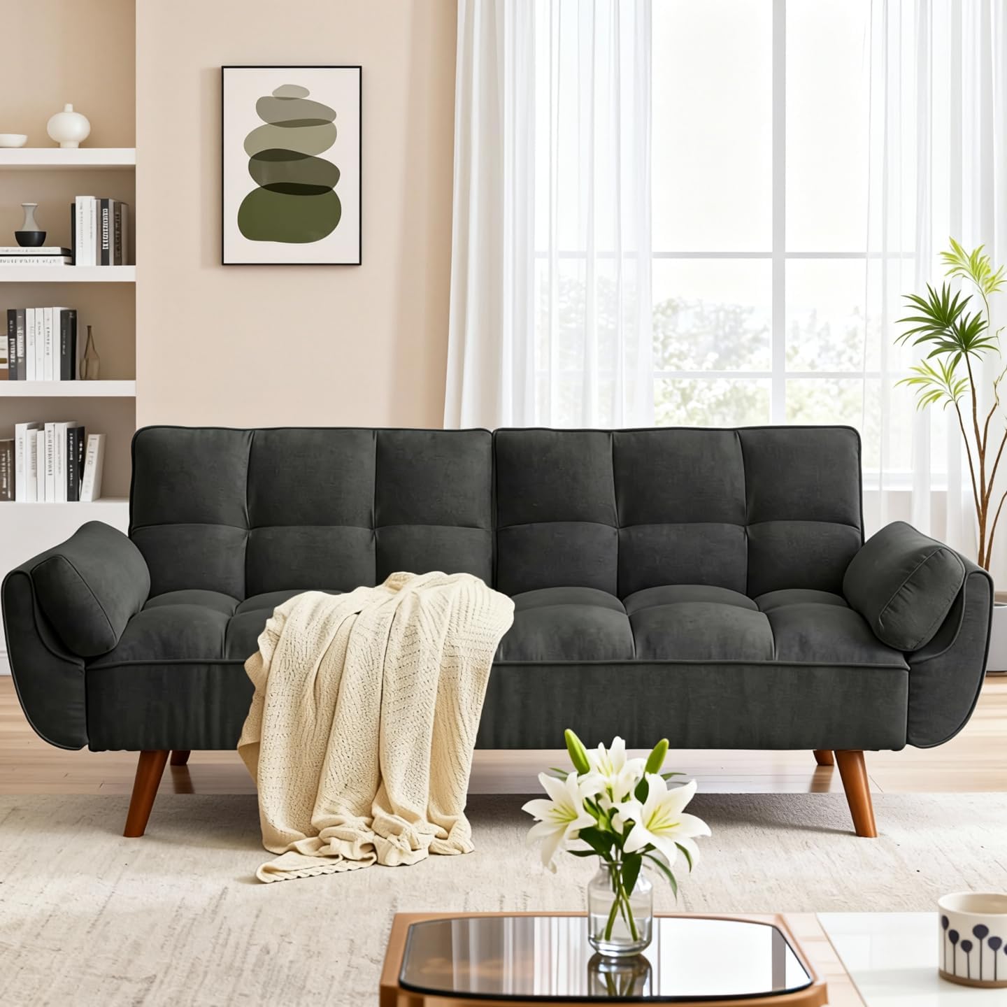 Trygoal Convertible Futon Sofa Bed, Modern Futon Couch with 2 Pillows, Small Futons Couch with Adjustable Armrest & Backrest, Loveseat Sofa Bed for Living Room, Bedroom, Beige