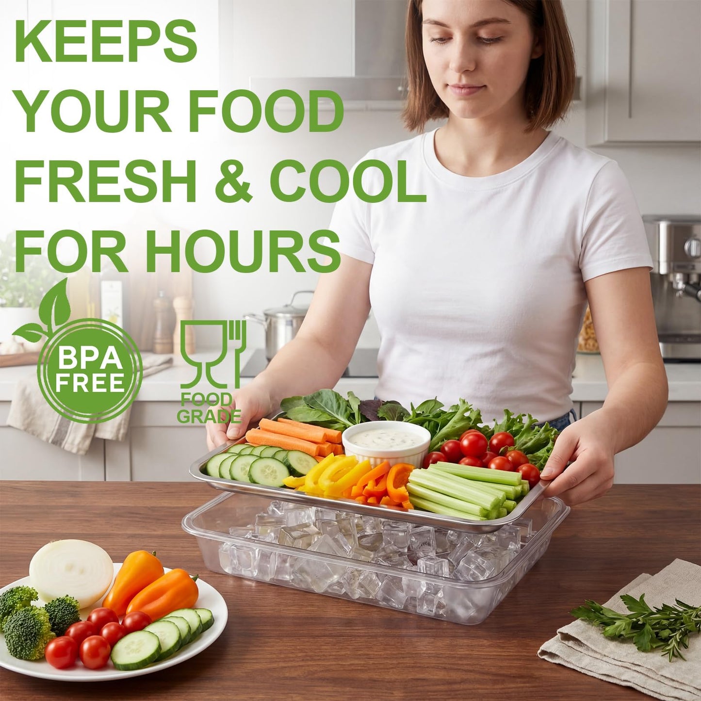 FoldTier 3 Set 14.2" Chilled Serving Trays for Parties with Compartments Stainless Steel Ice Chilled Party Platter Charcuterie Serving Board Cold Dish Dip for Fruits Veggies Shrimp Cocktail