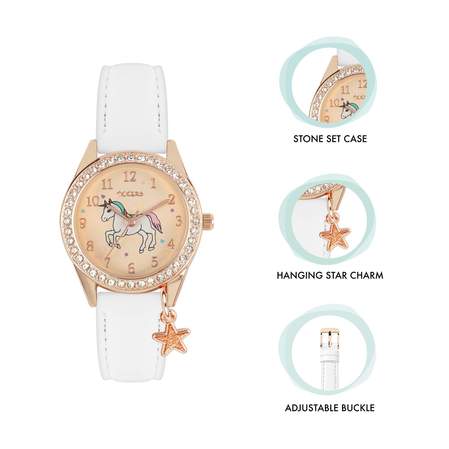 Tikkers Girls White PU Strap Unicorn Stone Set Watch Set ATK1063
