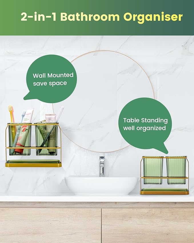 KONE Green Toothbrush Holders for Bathrooms, 2 Cups Toothbrush Holders Wall