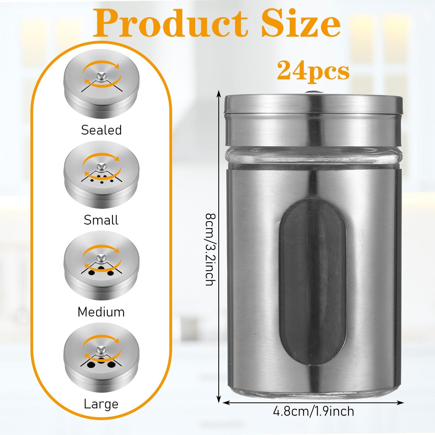 24 Pcs Stainless Steel Spice Jars with Shaker Lids, Seasoning Jars with Adjustable Pour Holes and Glass Window, Empty Spice Bottles for Kitchen Salt Pepper Sugar Seasonings (3.4oz)