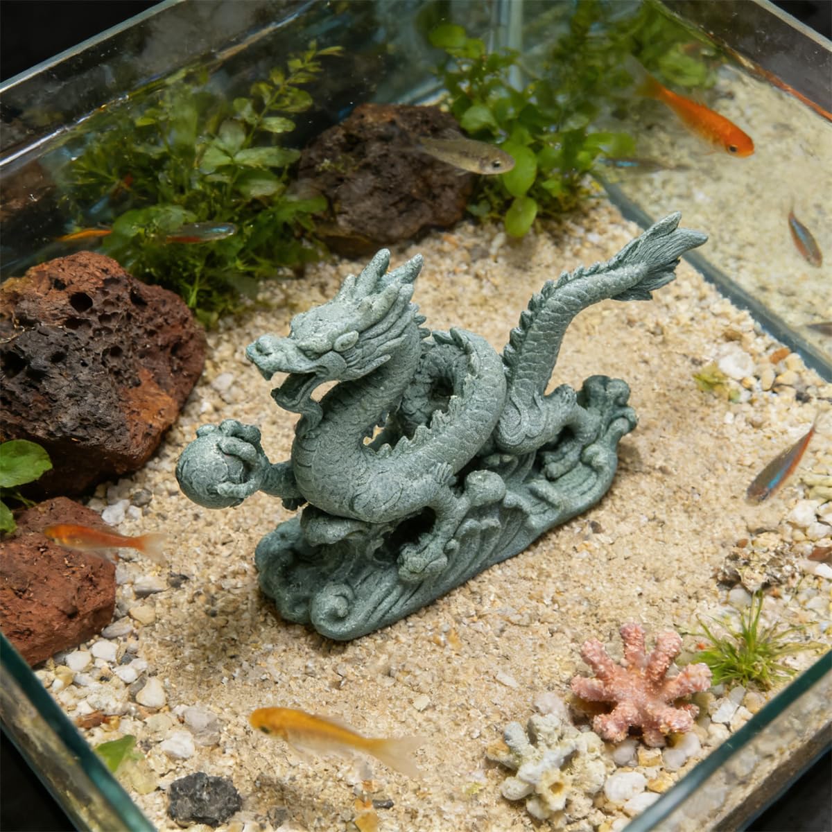 livelyfish Sandstone Chinese Dragon Statues, Aquarium Fish Tank Decorations Asian Garden Home Office Tabletop Small Accessories Decor for Wealth Success Lucky,A