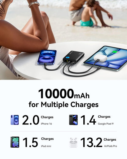 INIU 45W Portable Charger, 10000mAh Built-in USB C Cable Fast Charging Power Bank, Small Type C Battery Pack, Powerbank for iPhone 17 16 15 14, iPad, Samsung S25 S24 etc. Travel Camping Essentials
