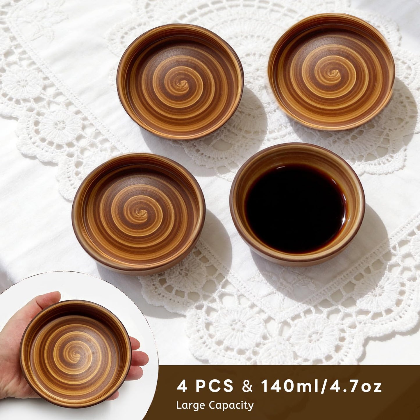 SNAIL GARDEN Handmade Dipping Bowls Set of 4,4oz Small Ceramic Soy Sauce Dish Dipping Bowls, Stoneware Cups for Dips,Sushi,Wasabi, Appetizers, Vintage Ramekins for Creme Brulee - Microwave & Oven Safe