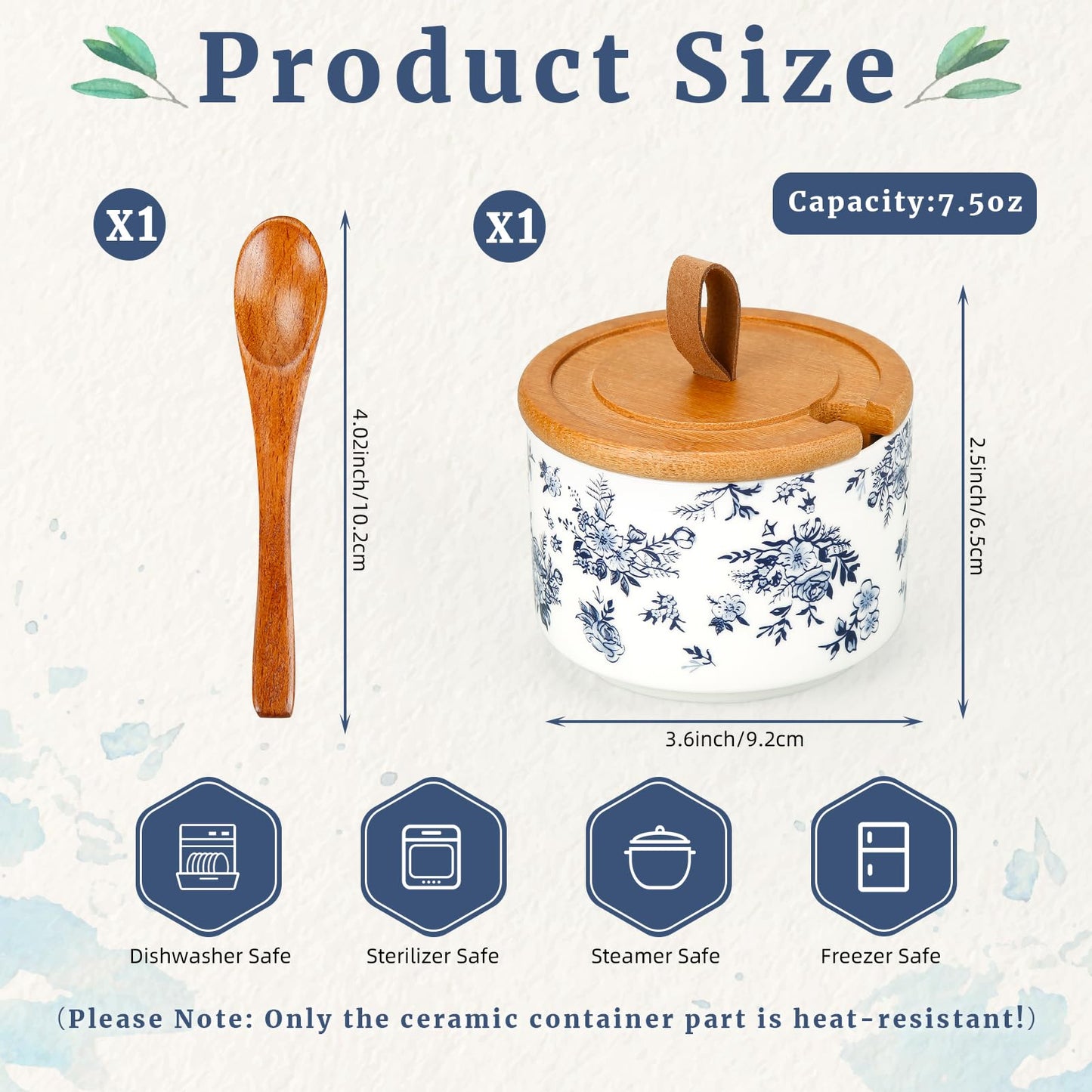 SUOWEEI Ceramics Salt Container, 7.5 oz Classical Porcelain Salt Cellar with Lid and Spoon, Pepper Bowls Seasoning Container for Countertop Kitchen