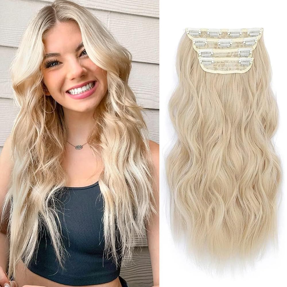 Hair Extensions Clip in 4pcs Bleach blonde Hair Extension Long Wavy Full Head Clip in Hair Extension Synthetic Fiber Hair Pieces for Women