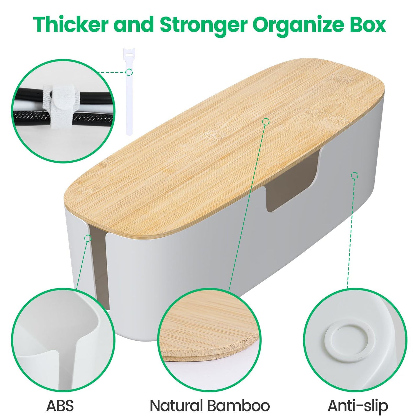 Large Cable Management Box - Cord Organize Box with Bamboo lid for Safe Home & Office, Cord Hider for Power Strip Under Desk, Cover TV Wires, Child & Pet Proof Cord Box, White