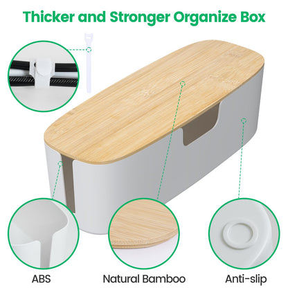 Large Cable Management Box - Cord Organize Box with Bamboo lid for Safe Home & Office, Cord Hider for Power Strip Under Desk, Cover TV Wires, Child & Pet Proof Cord Box, White
