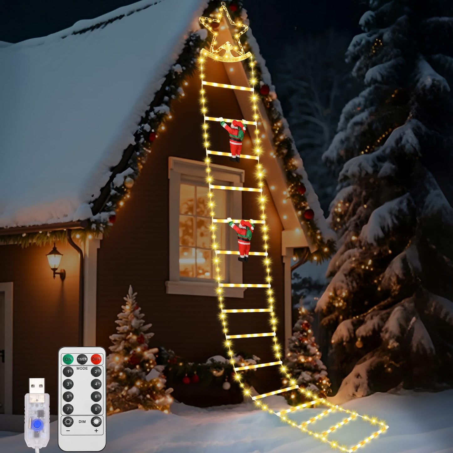 Lewondr Christmas Ladder Lights, 9.8ft Xmas Decorative Light with 2 Santa Ladder Climbing, 298 LED Lights, 8 Modes Remote Control, Outdoor Christmas Decor Indoor Window Wall Xmas Tree Decor,Warm White