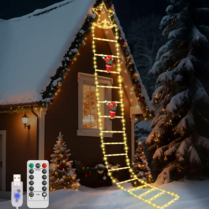 Lewondr Christmas Ladder Lights, 9.8ft Xmas Decorative Light with 2 Santa Ladder Climbing, 298 LED Lights, 8 Modes Remote Control, Outdoor Christmas Decor Indoor Window Wall Xmas Tree Decor,Warm White