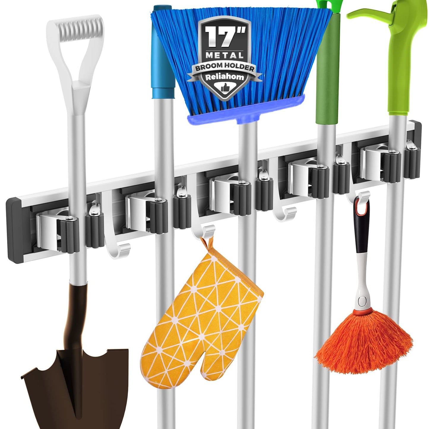 reliahom Broom Holder Wall Mount Mop and Broom Hanger Wall Mounted Garage Storage Rack Kitchen Garden Tool Organizer (4 Racks with 5 Hooks, Silver)