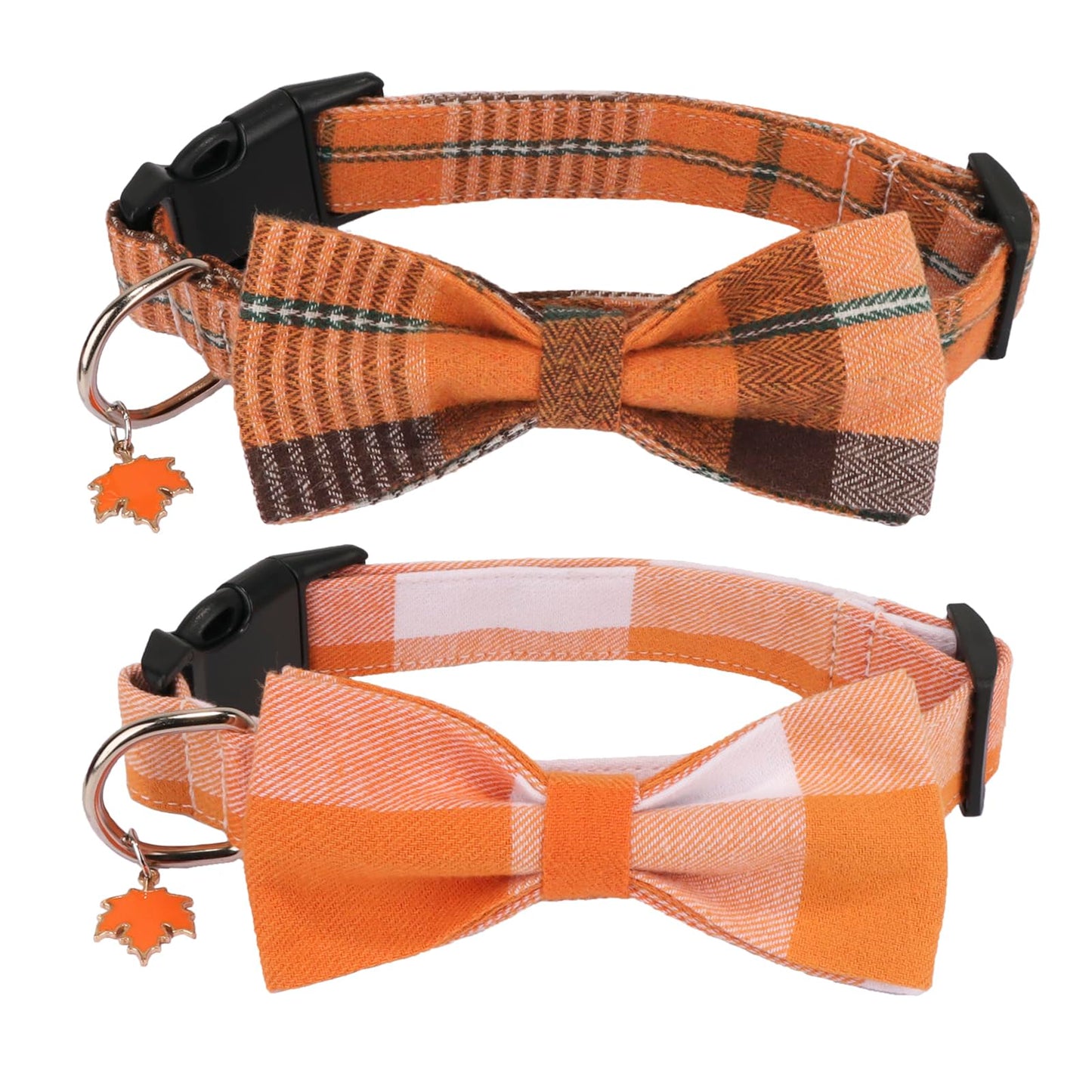 PTDECOR Fall Dog Collar with Bow, Halloween Thanksgiving Bowtie Collar, Adjustable Cotton Yellow Orange Plaid Bowtie Collars for Large Dogs Pets (Large)