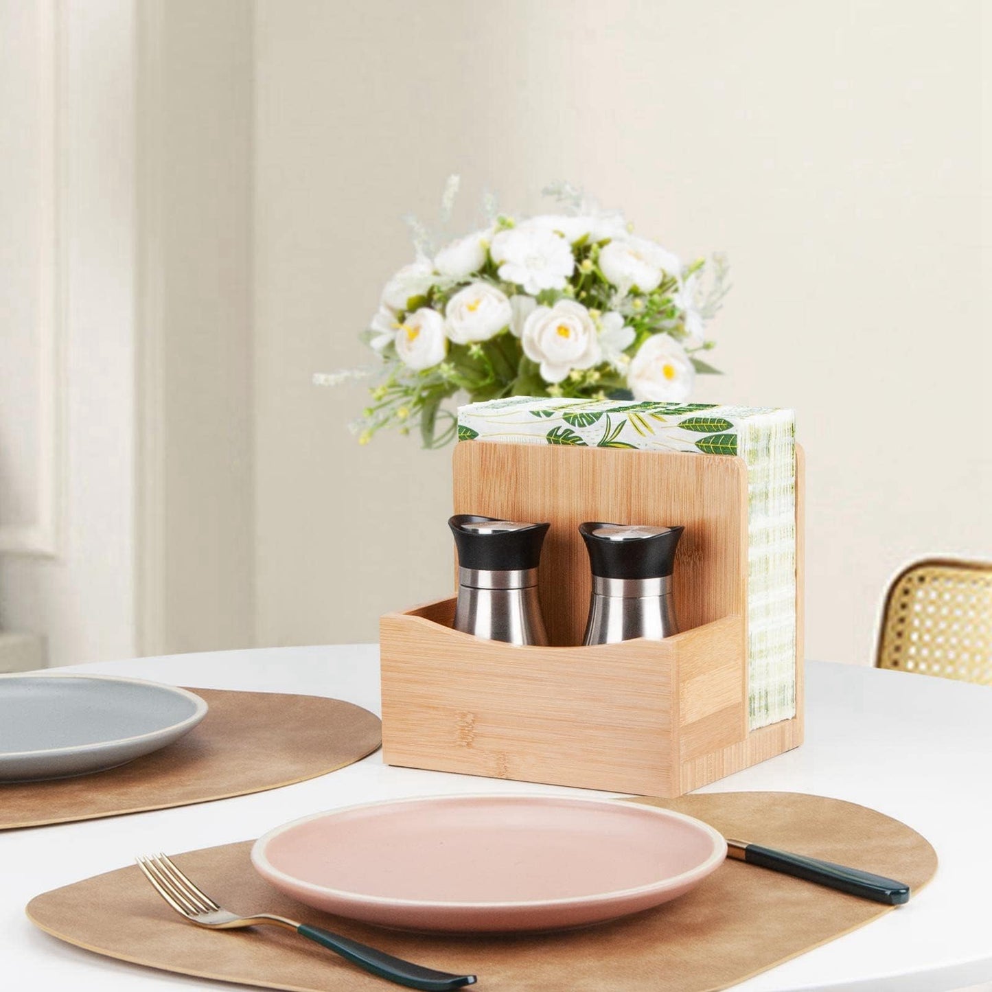 MOLEDINO Bamboo Salt Pepper Napkin Holder Set for Kitchen Dining Table, Natural Napkin Holder Stand with Salt Pepper Caddy Restaurant Lunch Organizer