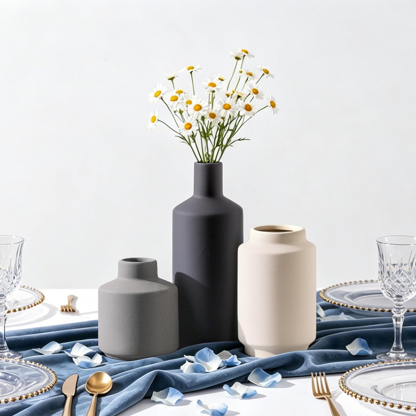 Ceramic Vase Set of 3, Modern Decorative Vases for Home Decor, Small Flower Pottery Vase Sets, Boho Farmhouse Rustic Vases for Living Room, Kitchen, Bedroom, Bathroom, Shelf, Table