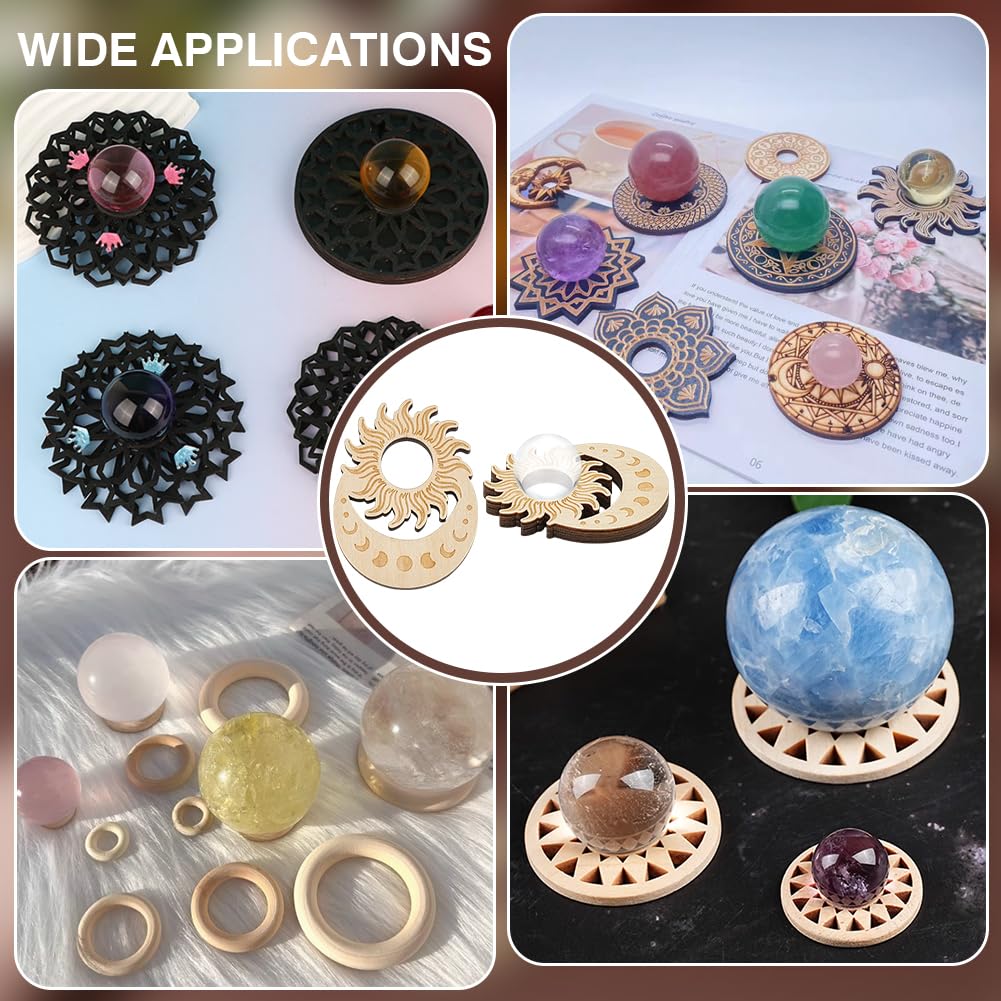 PH PandaHall 12pcs Wooden Crystal Ball Holders Sun Moon Sphere Stand 16.5mm Hole Mini Crystals Display Holder Sphere Display Stands Base for 2-6cm Ball, Home Decor Nature Stone Gemstone Showcase