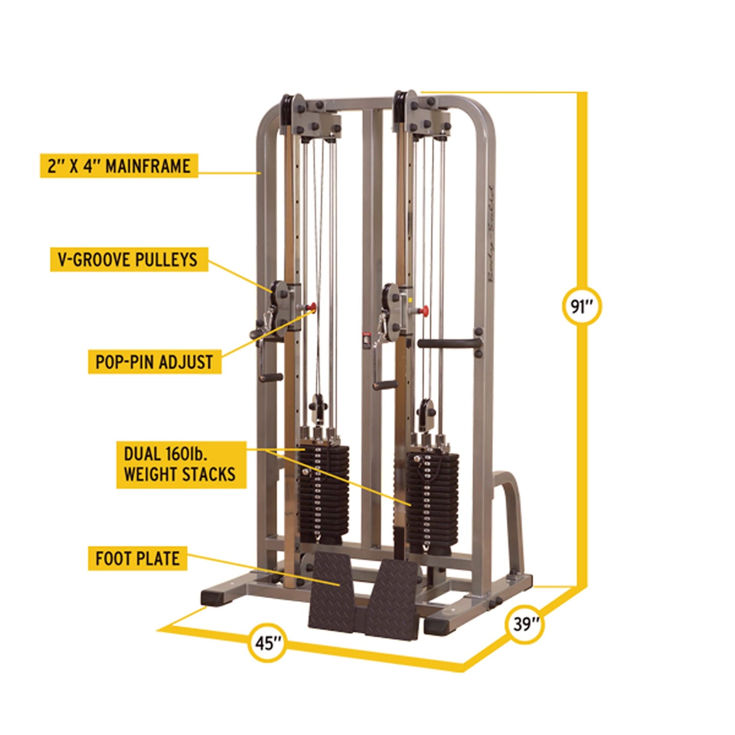 Body-Solid (SDC2000G/2) Pro ClubLine Dual Cable Column with Dual Stacks for Pull Down, Curls and Presses, Vertical Pulley Plate Loaded System for Home and Commercial Fitness Gym, 210 lb Weight Stack