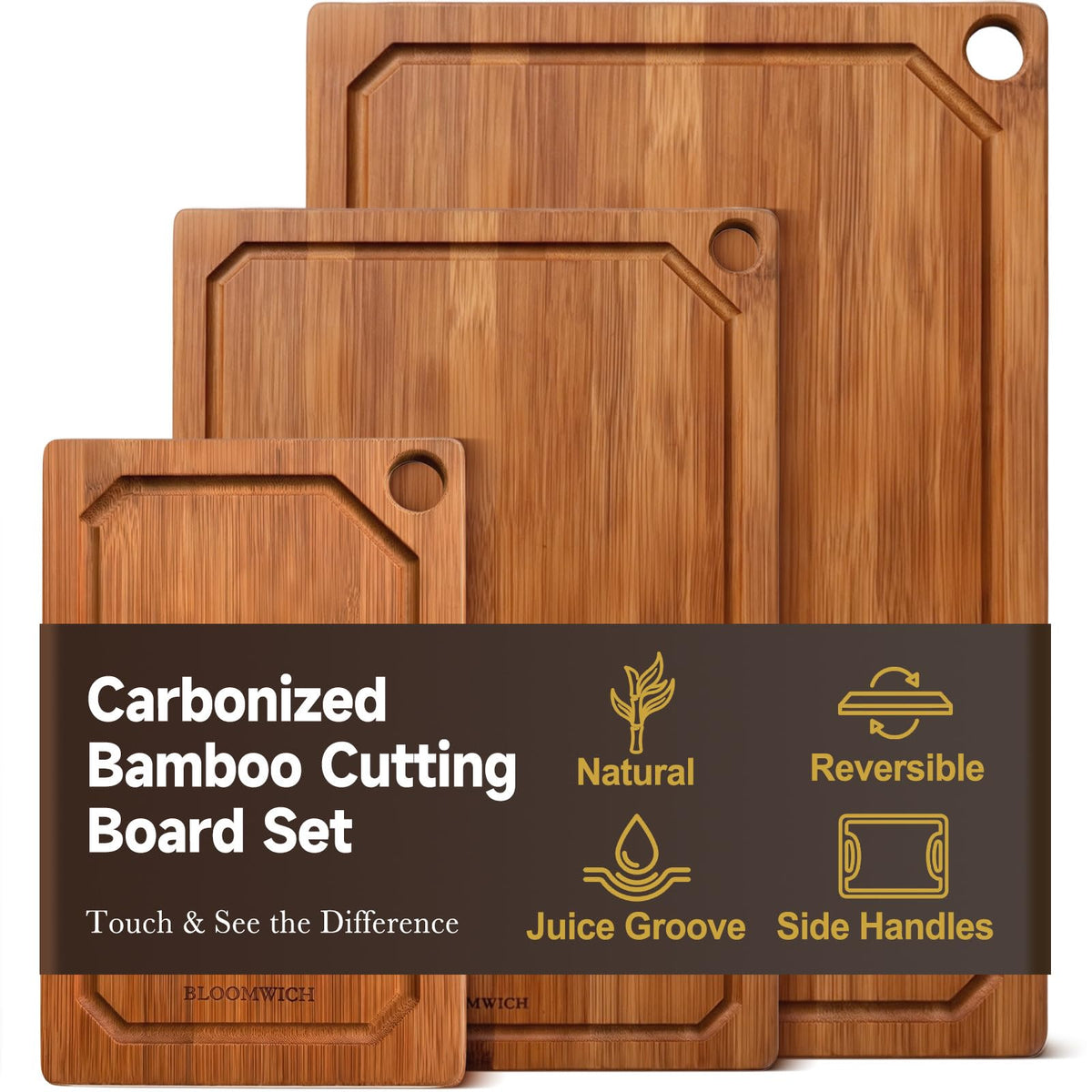 Carbonized Bamboo Cutting Boards for Kitchen Set of 3 Knife-Friendly