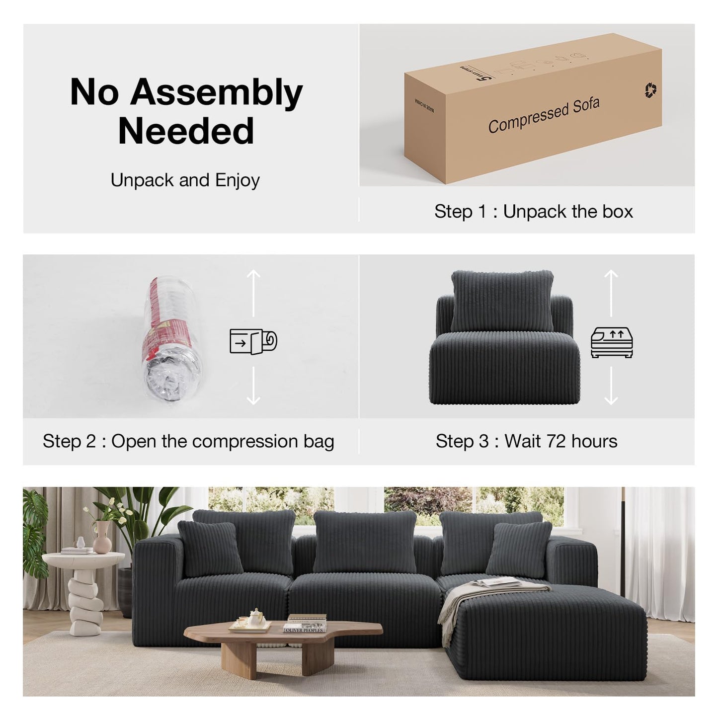 Novilla 106" Modular Sectional Sofa, Modern Cloud Sectional Couch with Smarts Coil® Support, L-Shape Boneless Couch for Living Room Apartments, No Assembly Required, Dark Gray (3 Seat w/ 1 Ottoman)