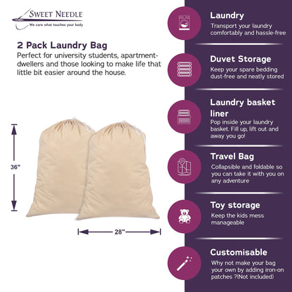 Sweet Needle Pack of 2 Heavy Duty Extra Large Laundry Storage Shopping Bags, 71x91 CM (28x36 IN) 75L - 100% Cotton, Highly durable, Draw-cord with cord-lock, Machine Wash and reusable Travel Bag