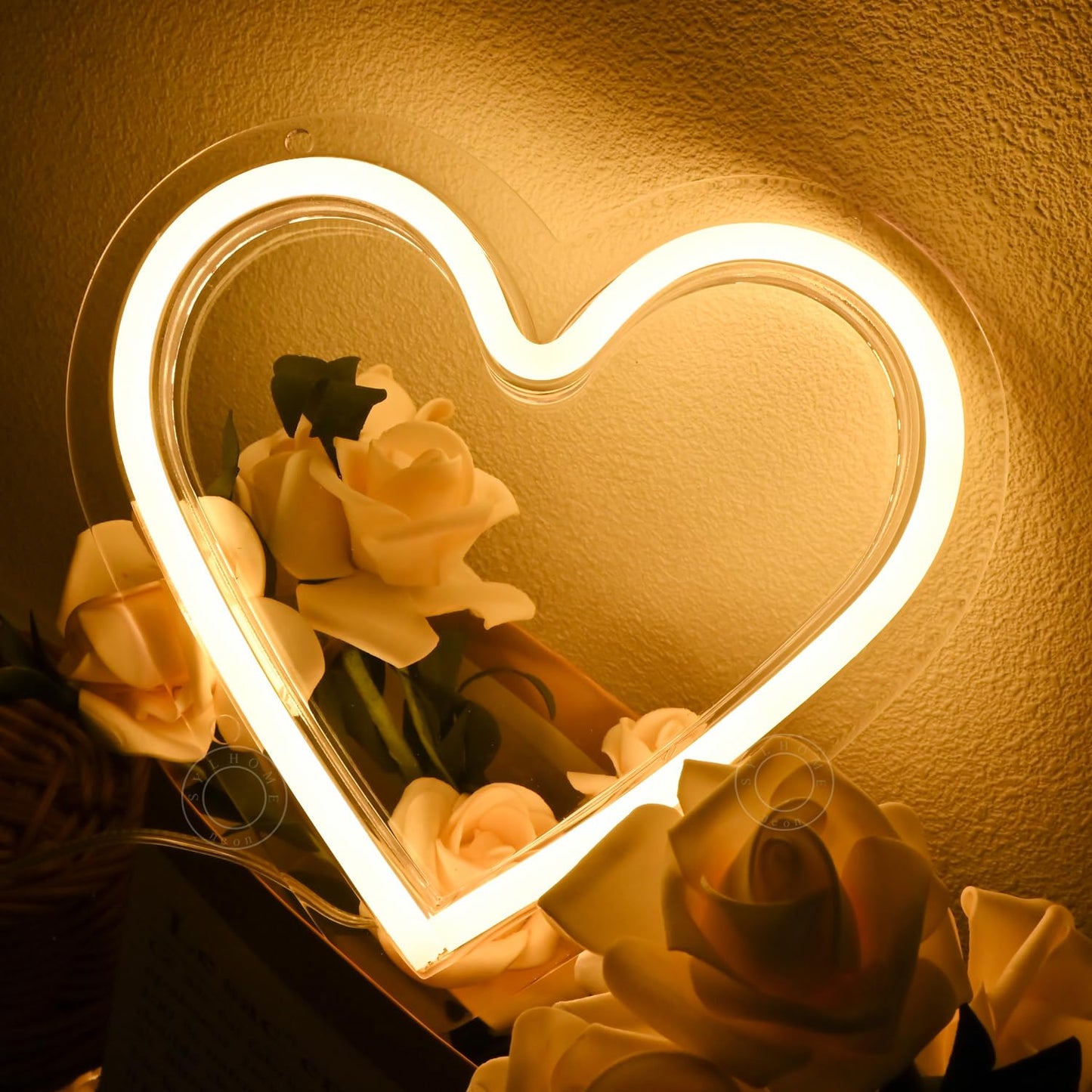 SYLHOME Heart Led Neon Light Sign Battery Operated or USB Powered Bedroom Wedding Wall Sign Decor Valentines Day Birthday Christmas Gifts USB 7.87" X 7.28" Warm White
