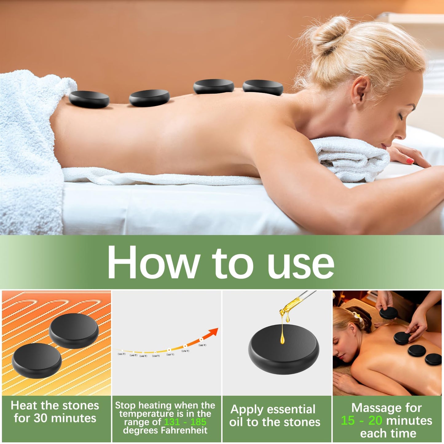 GLXPJU 12Pcs Hot Stones Massage Set with Temperature Adjustment，Hot Rocks Massage Stones Set with Warmer Kit， Basalt Hot Rocks Stone for Spa-Lymphatic Drainage, Relieve Tension and Muscle Pain