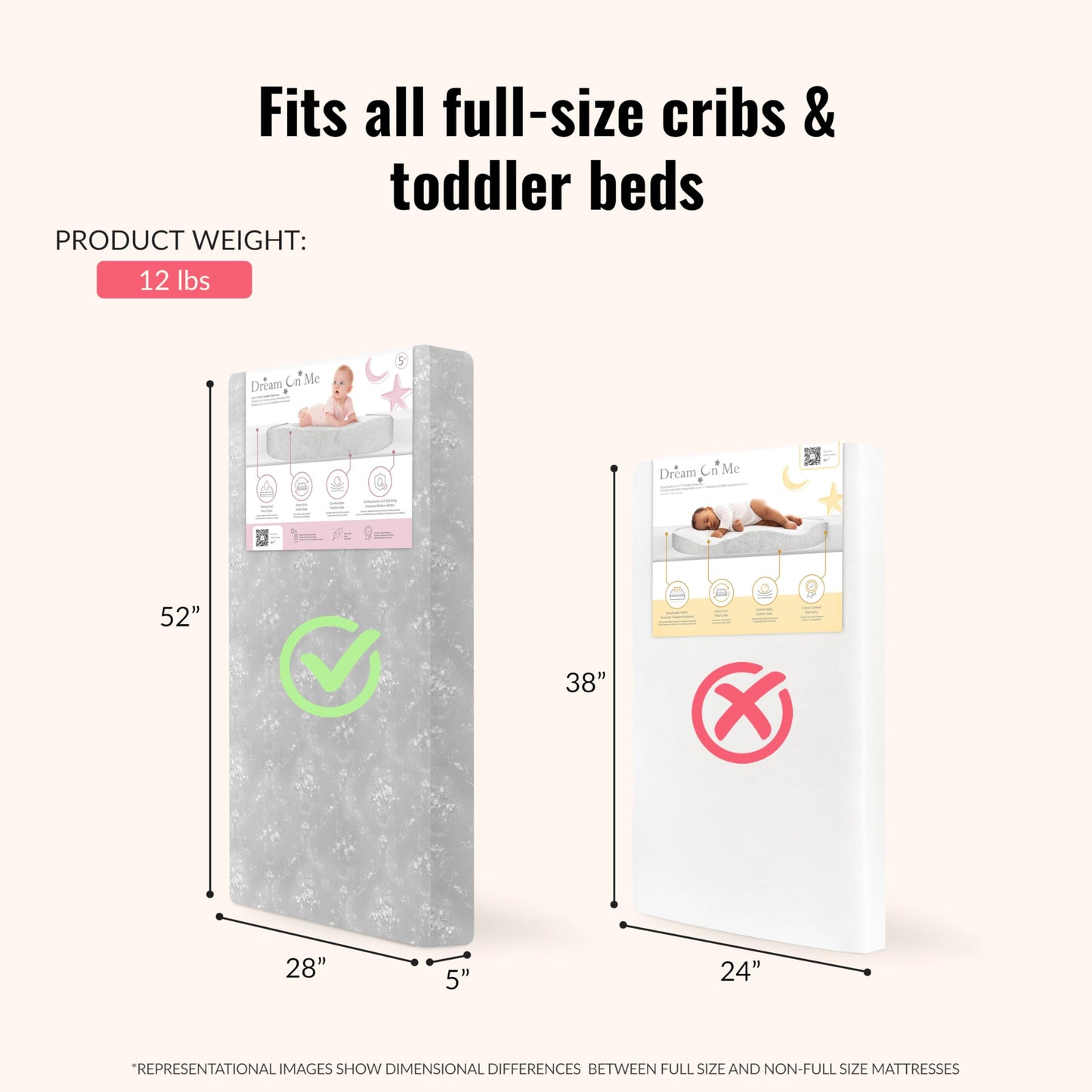 Dream On Me Snooze 2-in-1 Crib Mattress, Dual-Sided for Infants & Toddlers, Waterproof Cover, GREENGUARD Gold Certified, Fits Full Size Crib & Toddler Bed, 52” x 28” x 5”