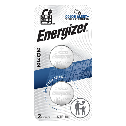 Energizer 2032 Batteries (2 Pack), 3V Lithium Coin Batteries with 3-in-1 Child Shield