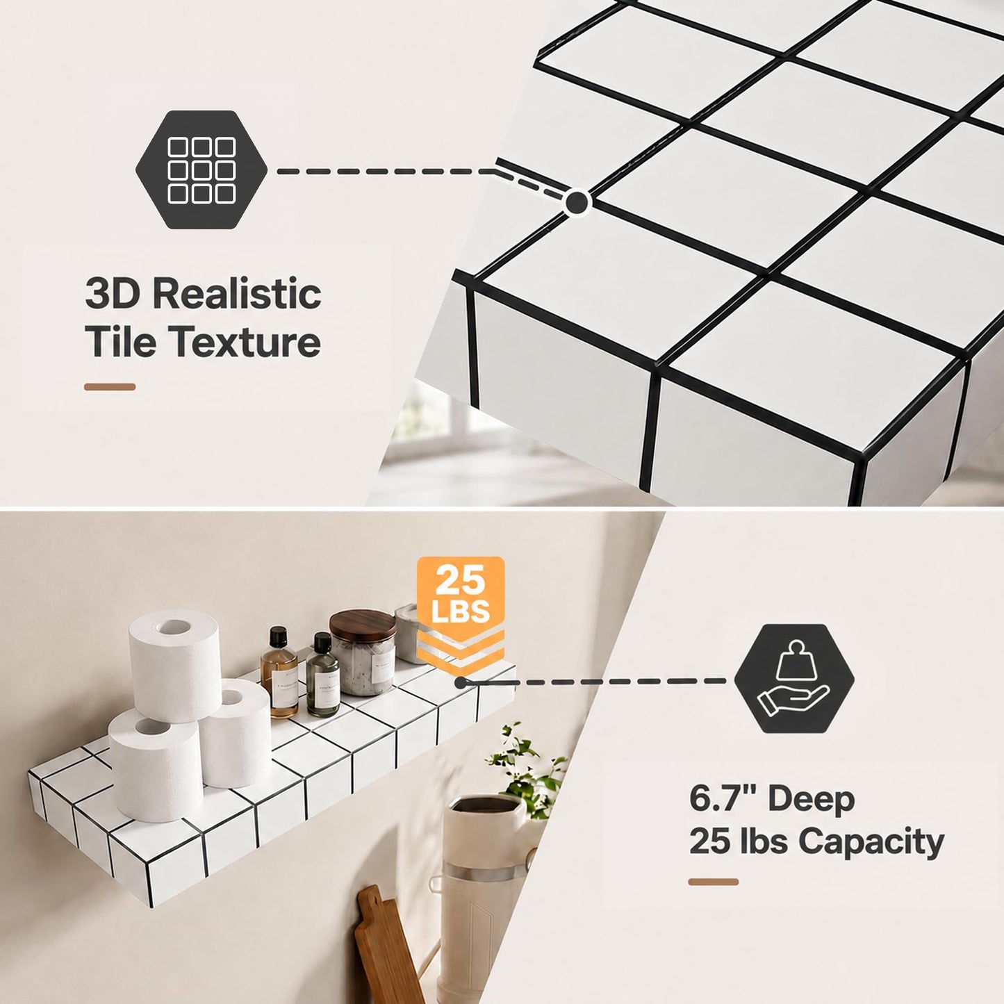 ZttRiee Floating Shelves, Set of 2, 15.7" W, White Frame Black Lines