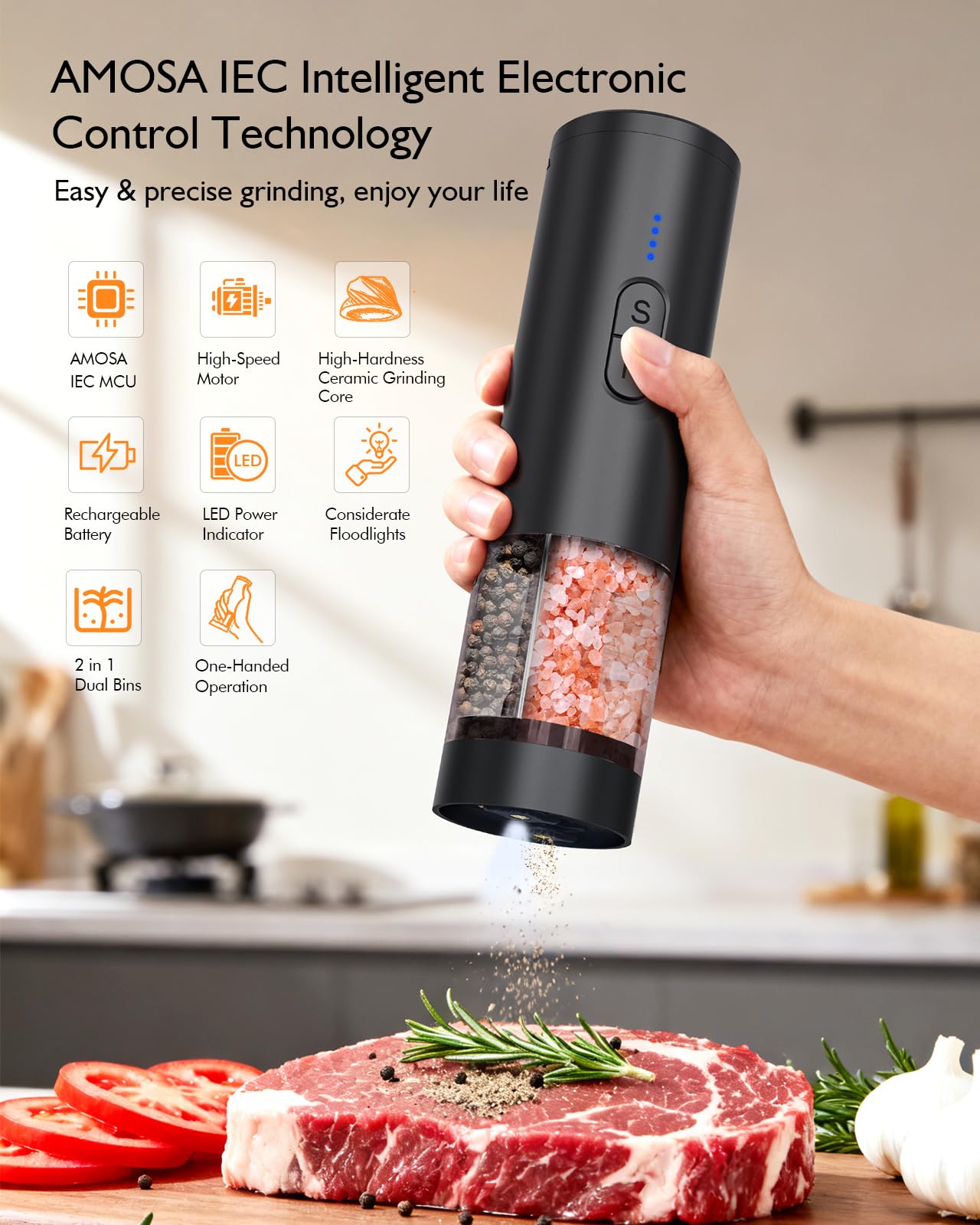 Electric Salt and Pepper Grinder Set, 2 in 1 Dual Bins USB Rechargeable Refillable Automatic Salt and Pepper Mill Shaker with LED Light, Dual Ceramic Grinder Adjustable Coarseness, kitchen gift, Black