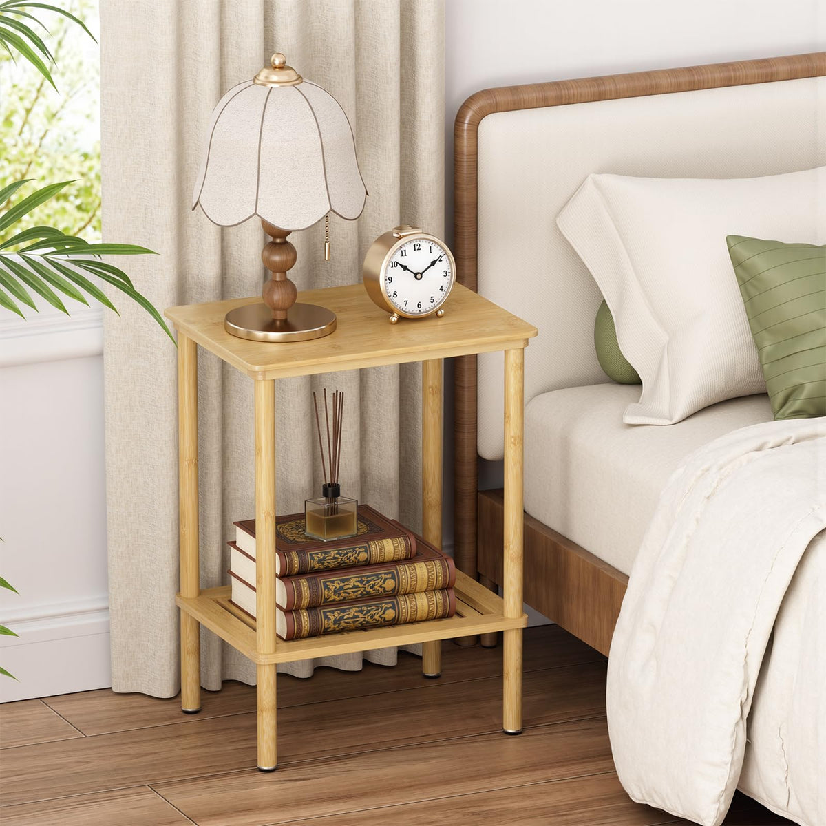 Atoping 2 Tier Bamboo End Table, Narrow Side Table with Adjustable Feet, Waterproof Small Bedside Table, Nightstand, Entryway Table for Living Room Bedroom Bathroom, No Tool Assembly, 66LBS Capacity