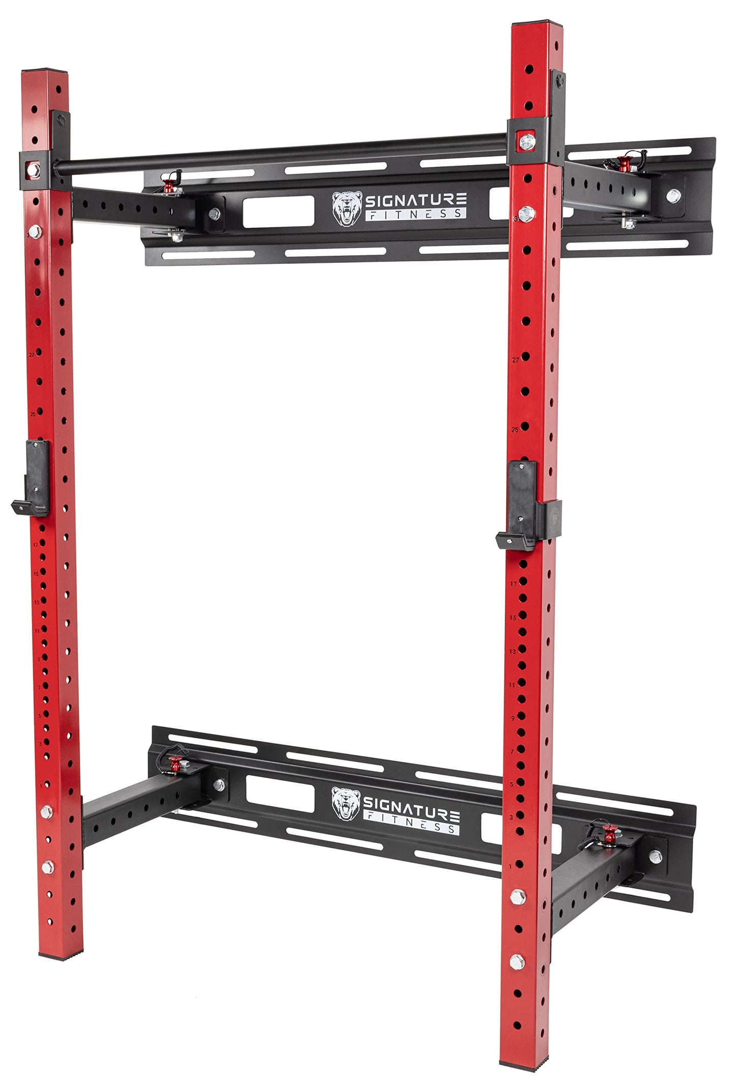 Signature Fitness Fitvids 3” x 3” Wall Mounted Fold-in Power Cage Squat Rack with Adjustable Pull Up Bar and J Hooks - Space-Saving Home Gym – Sports Training – Wall Mount Rack – Black