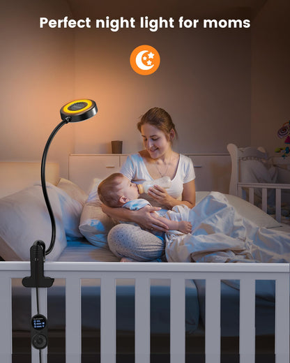 Glocusent 72 LED Clip on Lamp with Remote, Reading Light with Amber Ring, 3 Colors & 5 Dimmable Bed Lamp, 30/60-Min Auto Off Timer, Clamp Light for Headboard/Dorm/Bunk (Black)
