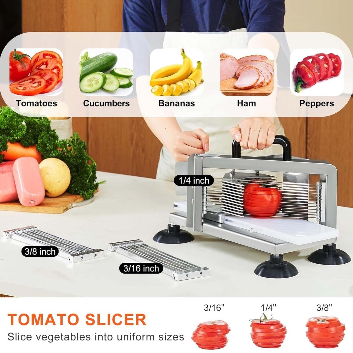 Manual Tomato Slicer, Commercial Stainless Steel Vegetable Cutter Machine for Restaurant Home Use, Heavy Duty Kitchen Tool with Non-Slip Feet, Easy Clean, for Cucumber and Banana(3/8in-9.5mm)