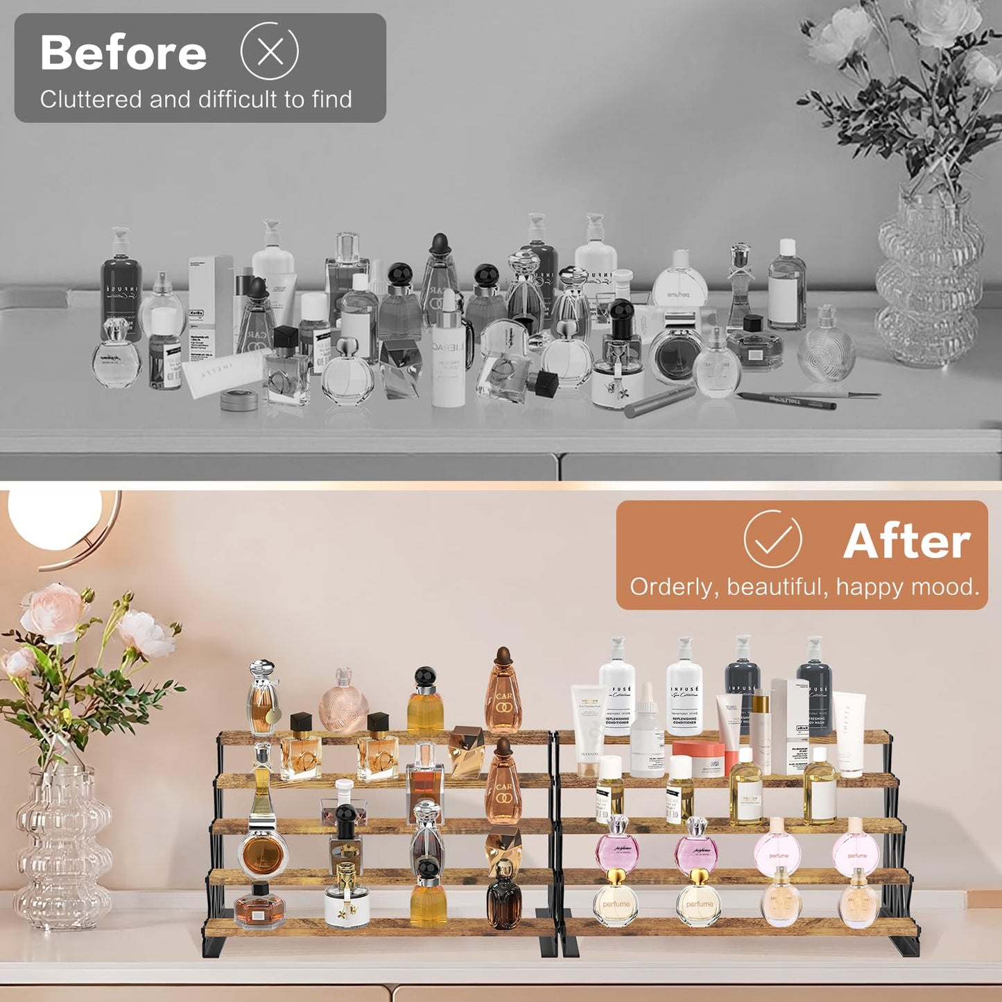 KALYLOC 5 Tier Wooden Display Riser Stand 13.8 Inch Metal Step Perfume Stand Organizer Tabletop Tiered Display Shelf Rack for Cologne Cupcake Spice Figures Cosmetics Candles (Brown, X-Shape)