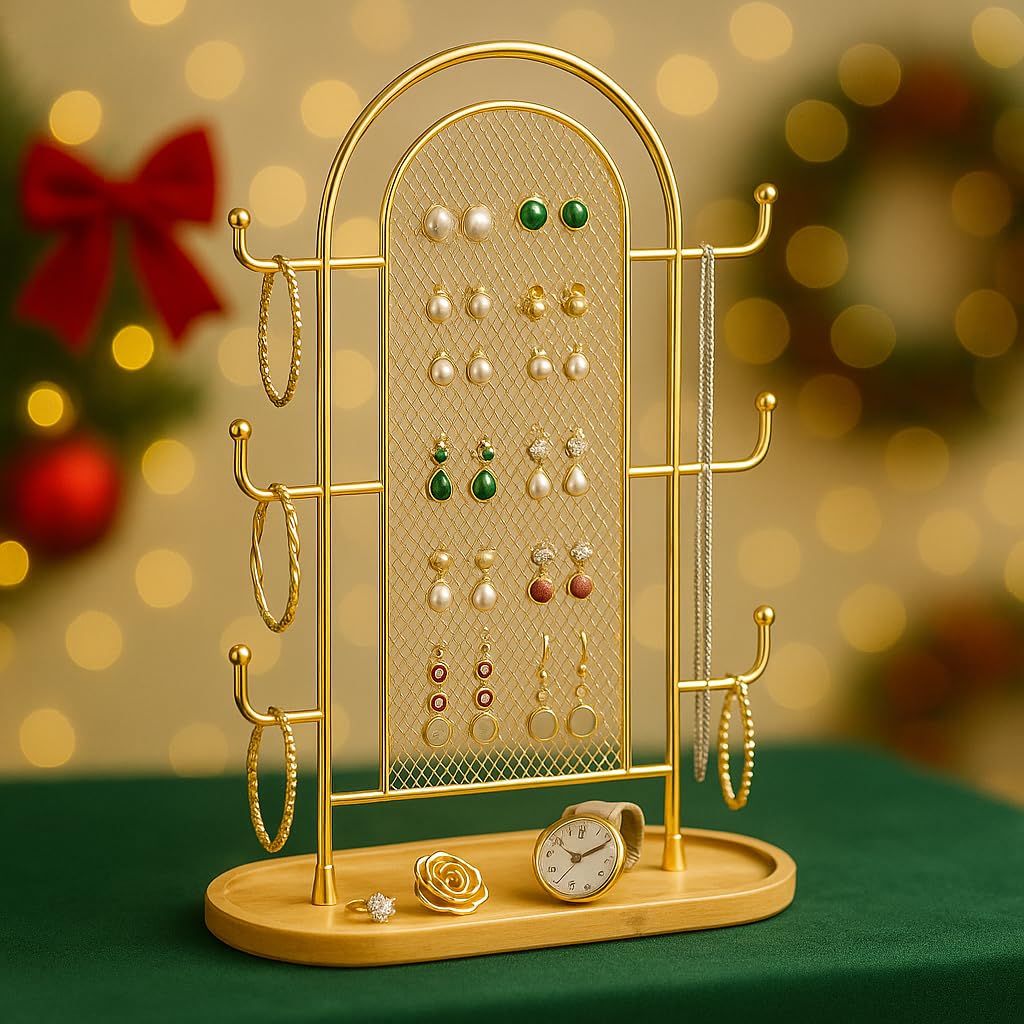bussdis Jewelry Holder Organizer Earring Display - Earring Storage Tree Stands Towers With 6 Hooks 300 Studs Wood Tray Gold Metal Rack