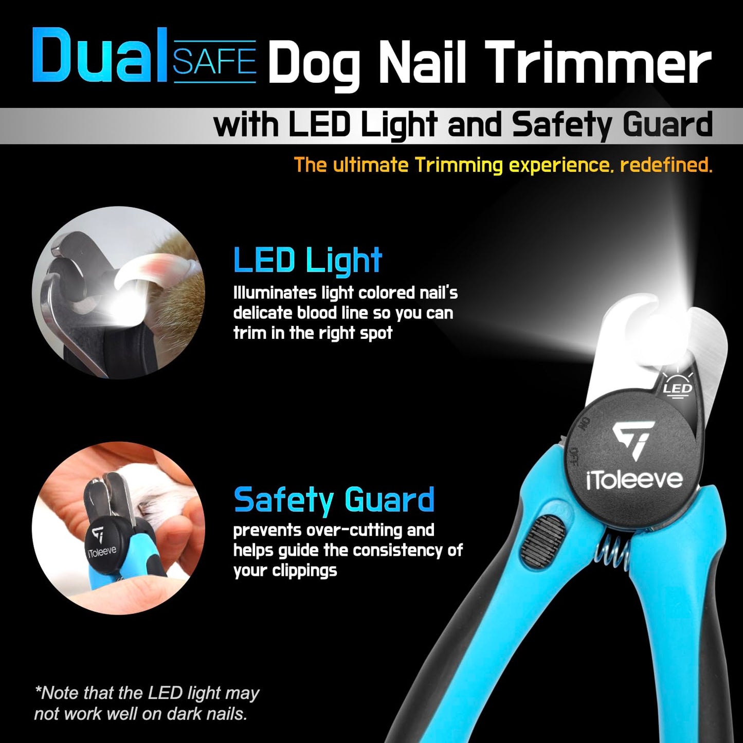 iToleeve LED Dog Nail Clipper with Light, Illuminates Nails or Bloodline for Safe and Easy Trimmers, Extra Sharp for Hard Claws, Quick Sensor, Safety Guard, Avoid Over Cutting Toenail, for Cat & Dog