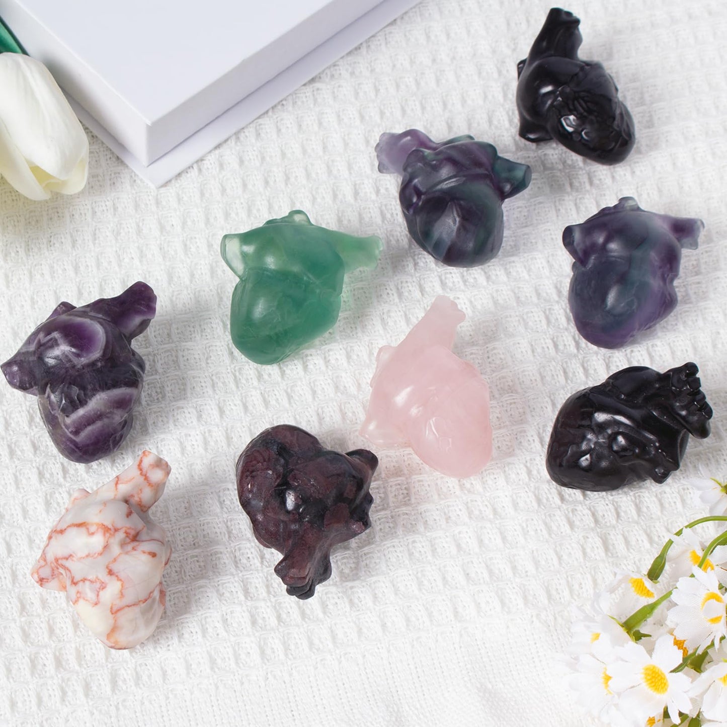 Rainbow Fluorite Heart Crystal Figurines, 2.1 Inch Crystal Heart Love Statue for Home Decor, Meditation and Stress Relief, Hand Carved Natural Healing Stone Cardiac Sculpture Spiritual Gift for Women