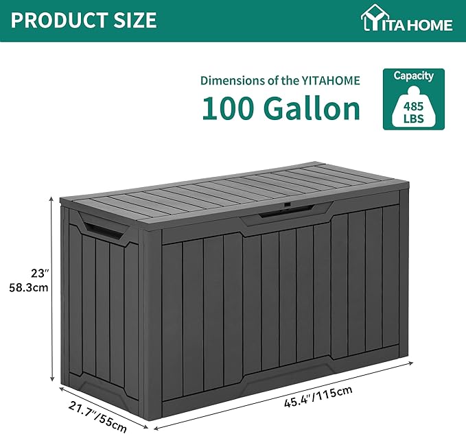 YITAHOME 100 Gallon Resin Deck Box, Weather Resistant Outdoor Storage Box, Lockable Indoor Outdoor Storage for Supplies and Essentials, Dark Gray