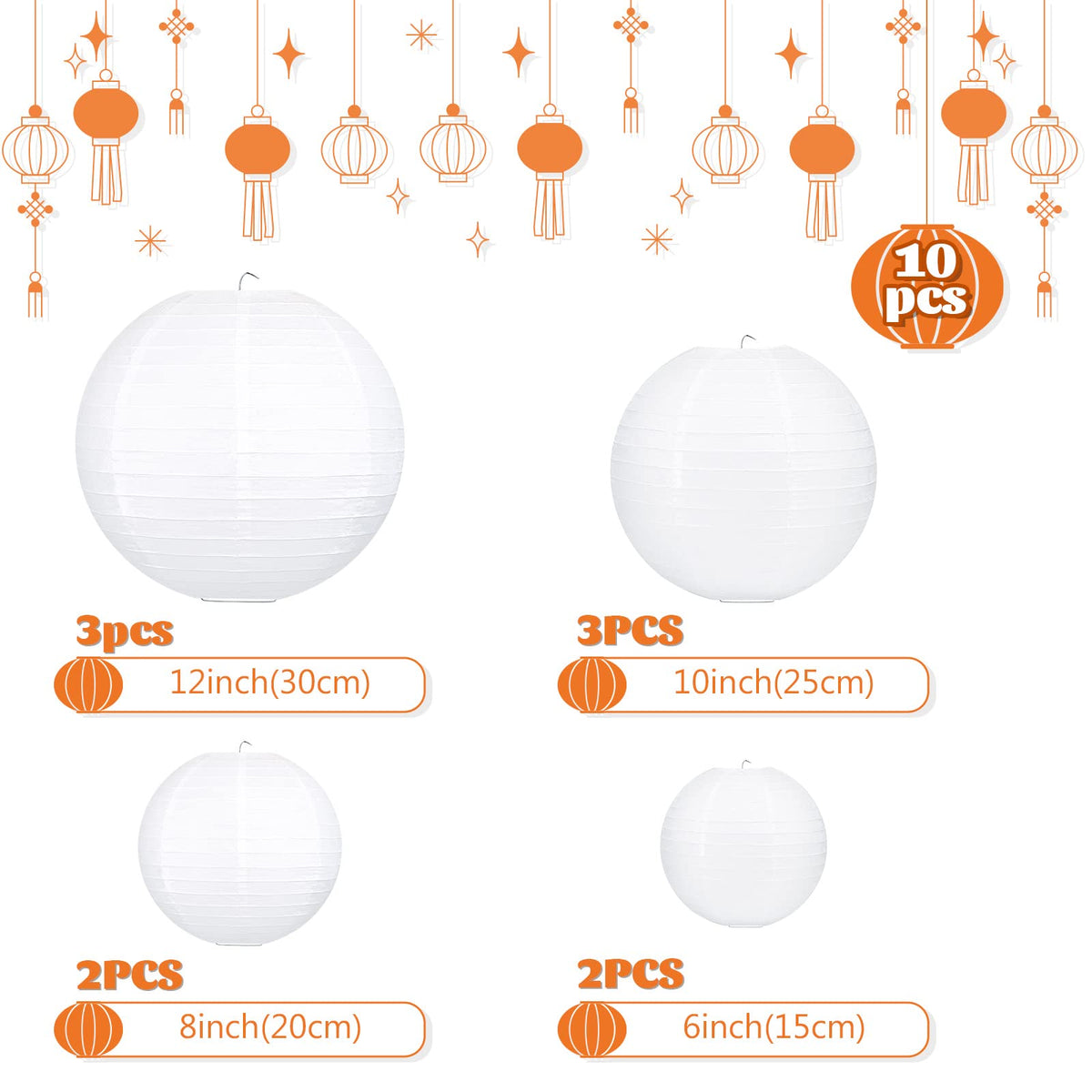 White Hanging Paper Lanterns, Round Chinese Paper Lanterns, Party Wedding Anniversary Decorations, 4 Size - 10 Pieces