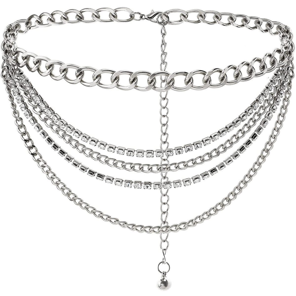 Suyi Multilayer Chain Belt Rhinestone Metal Chain Belts for Women Punk Gold Waist Chain Plus Size 150CM Silver