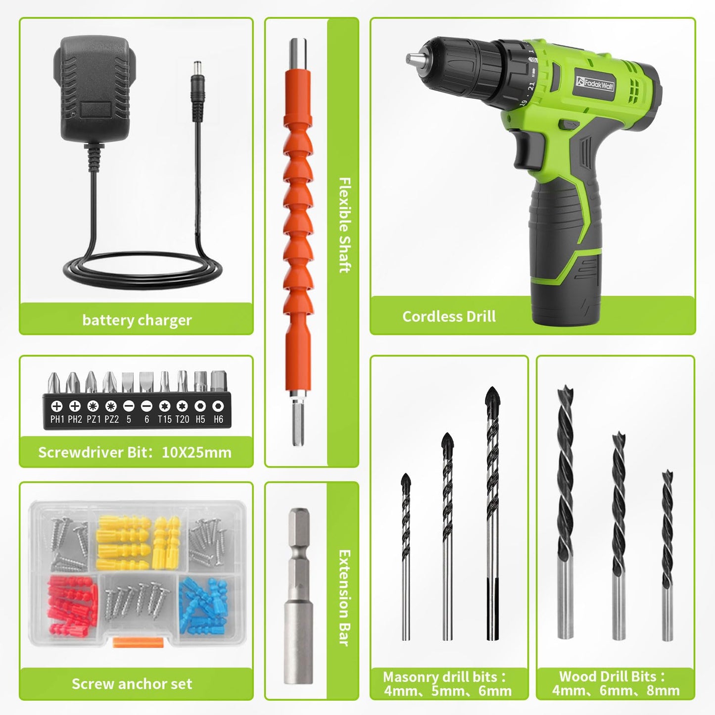 FADAKWALT 12V CordlessDrill, Battery Power Drill Drivers, 3/8” inch Keyless Chuck, Electric Screwdriver Kit, 21+1 Torque Setting, Combi Drill with Li-Ion Battery and Charger