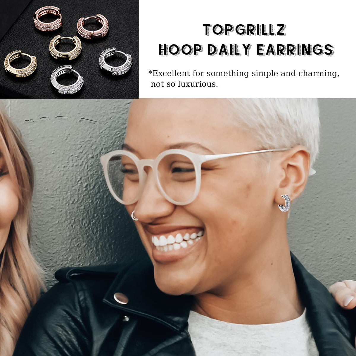TOPGRILLZ Iced Out Hoop Earrings Cubic Zirconia Huggie Cartilage Cuff Hypoallergenic 14K Gold Plated Luxury Fashion Round Circle Earrings For Men Women-18Silver