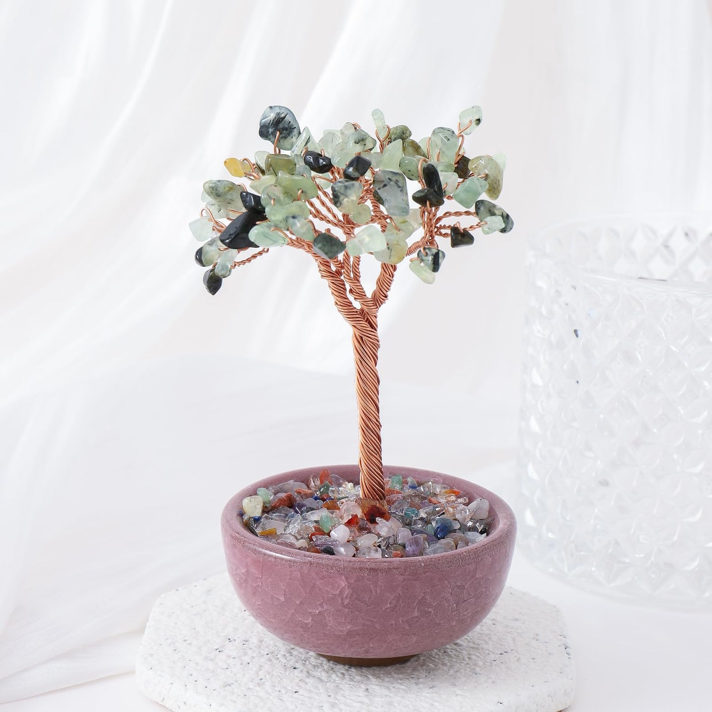 1PC Natural Prehnite Crystal Tree Handmade Wire Life Small Bowl Flowerpot Base Reiki Healing Feng Shui Mineral Specimen Tabletop Ornaments